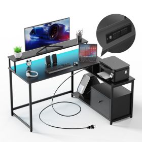 EVAJOY Home Office Computer Desk with File Drawer, LED Strip, Power Outlet