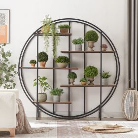 Round 5-Tier Metal Plant Stand bookcase storage rack;  Indoor Living Room Terrace Garden Balcony Display Stand - Rustic Brown